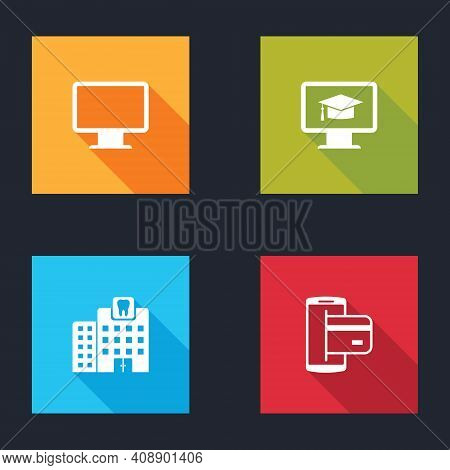 Set Computer Monitor Screen, Monitor With Graduation Cap, Dental Clinic And Nfc Payment Icon. Vector