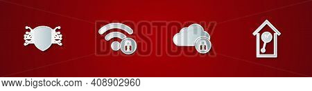 Set Cyber Security, Wifi Locked, Cloud Computing And Retro Wall Watch Icon. Vector