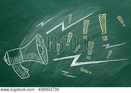 Megaphone With Exclamation Marks Hand Drawn In Chalk On Green Chalkboard. Important Announcement