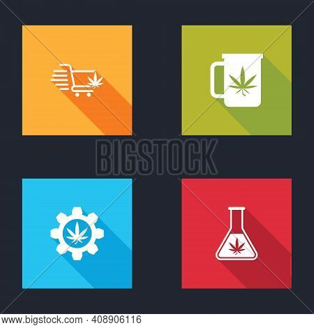 Set Shopping Cart With Marijuana, Cup Tea, Test Tube And Icon. Vector