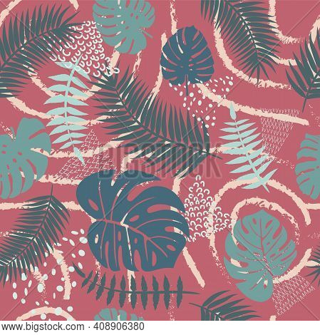 Drawn Tropical Leaves On A Background Of Patterns