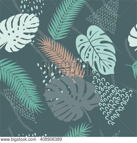 Vector Illustration With Large Tropical Leaves On A Background Of Hand-drawn Patterns