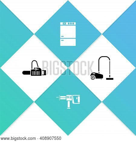 Set Chainsaw, Rotary Hammer Drill Machine, Refrigerator And Vacuum Cleaner Icon. Vector