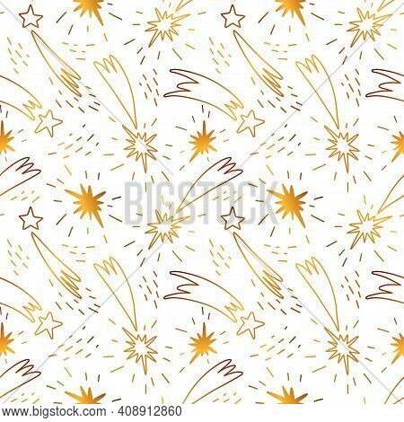 Golden Seamless Pattern With Shooting Stars. Comets Flying Chaotically Down Shining In Space. Vector