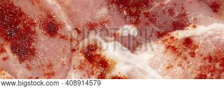 Thinly Sliced Raw Meat In A Marinade With Red Pepper.raw Meat In Sliced Background.thin Sliced Meat 