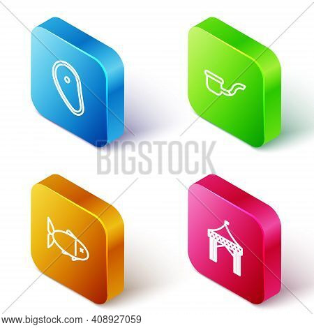Set Isometric Line Steak Meat, Smoking Pipe, Fish And Camping Tent Icon. Vector