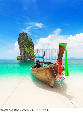 Thai Traditional Wooden Longtail Boat