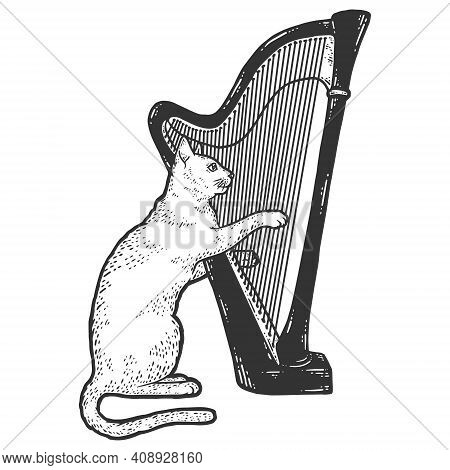 Cat Plays The Harp. Sketch Scratch Board Imitation. Black And White.
