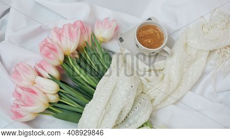 A Bouquet Of Delicate Rose Tulips. A Cup Of Aromatic Coffee. 8 Merta Or Mothers Day Card