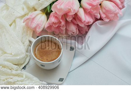 A Bouquet Of Delicate Rose Tulips. A Cup Of Aromatic Coffee. 8 Merta Or Mothers Day Card