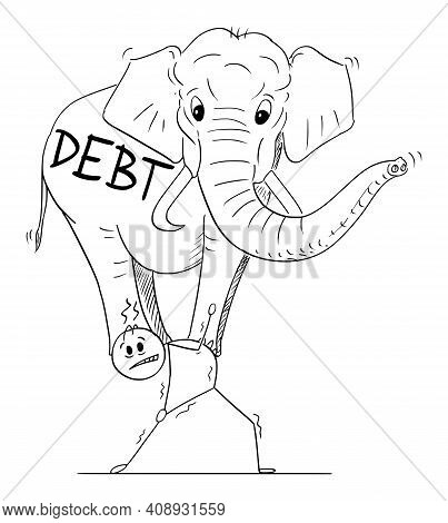 Businessman Or Man Carrying Heavy Elephant On His Back, Burden By Debt, Vector Cartoon Stick Figure 