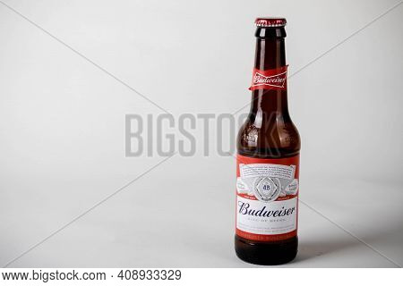 Sandhurst, United Kingdom; February 13th 2021:- A Bottle Of Budweiser Isolated On A White Background