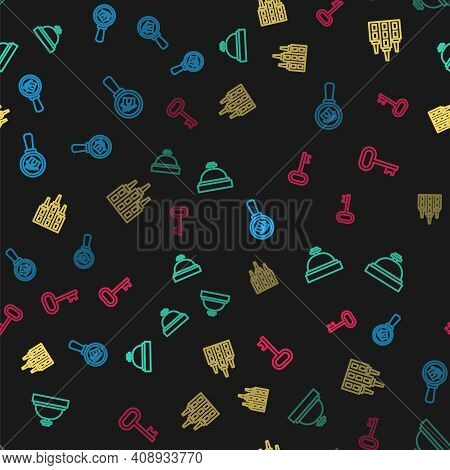 Set Line Search House, Hotel Service Bell, Skyscraper And House Key On Seamless Pattern. Vector