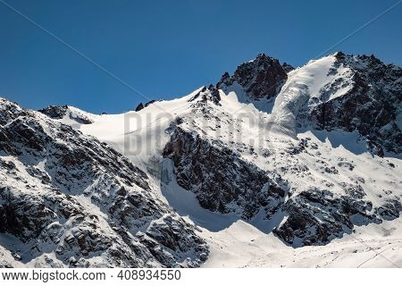 Mountain Winter Landscape. Mountain Peak With Glaciers. Alma-ata's Region. Tien Shan Mountains. Kaza