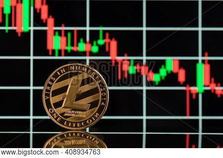 Bitcoin Rate Falling Concept. Close Up Photo Of Golden Shining Bitcoin With Green And Red Candle Gra