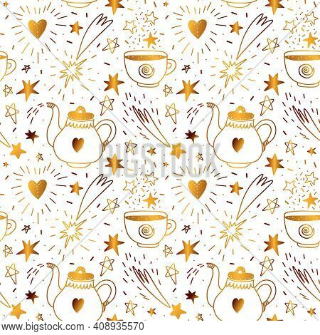 Seamless Pattern With Golden Magic Elements. Gold Pattern Of Various Celestial Figures And Shapes: T
