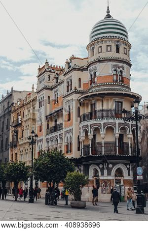Seville, Spain - January 19, 2020: View Of Edificio De La Adriatica, A Famous Eclectic Building By T