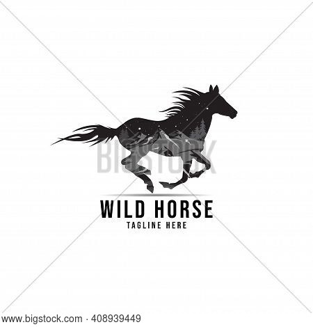 Silhouette Of Wild Horse With Panorama Of Mountains. Vector Illustration