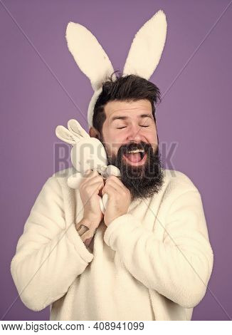 Easter Bunny. White Bunny Symbol Of Easter Holiday. Soft And Tender. Guy With Bunny Or Rabbit Ears O