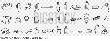 Cosmetics And Tools For Bath Doodle Set. Collection Of Hand Drawn Bathroom Brush Fan Towel Shampoo C