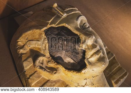 Zolochev, Ukraine, September 2020: Broken Egyptian Sarcophagus In Wich The Mummy Is Visible