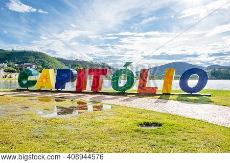 Capitólio - Mg, Brazil - December 08, 2020: Landmark With A Totem With The Name Of The City, Tourist