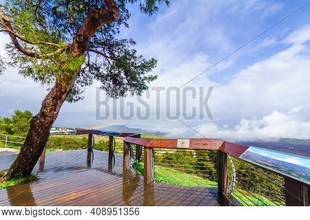 Malkia, Israel - February 18, 2021: View Of The Malkia Observation Point, With A Rainbow And The Ked