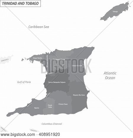 The Trinidad And Tobago Grayscale Map Divided In Administrative Areas With Labels