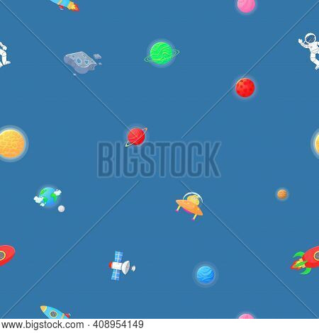 Flat Cartoon Style Funny Galaxy Seamless.