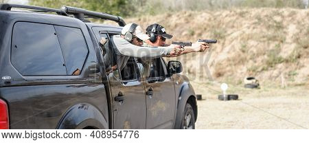 Military Tactical Car Shooting. Army Soldiers In Action