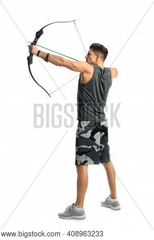 Man With Bow And Arrow Practicing Archery On White Background