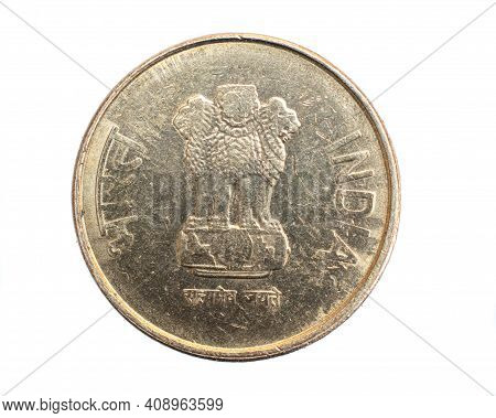 India Five Rupees Coin On White Isolated Background