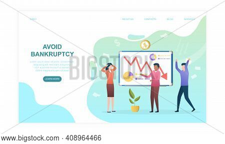 Male And Female Business Partners Suffering From Bankruptcy. Group Of People Standing Near Board Wit