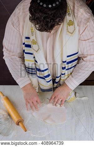 Orthodox Jewish Man Prepare Hand Made Flat Kosher Matzah For Baking