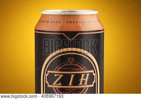 Lviv, Ukraine - July 11, 2020: Zih German Beer In A Jar