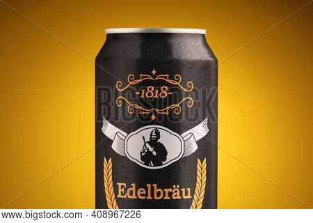 Lviv, Ukraine - July 11, 2020: Edelbrau German Beer In A Can