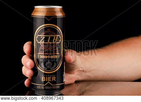 Lviv, Ukraine - July 11, 2020: Zih German Beer In A Jar In Hand