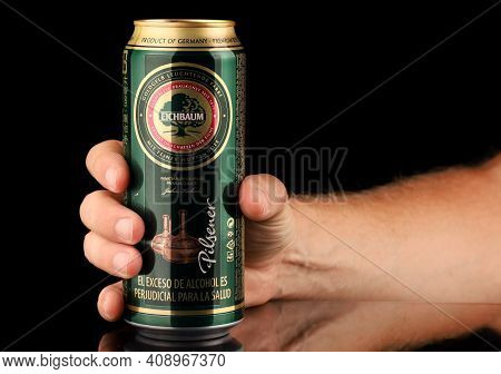 Lviv, Ukraine - July 11, 2020: Eichbaum Beer In A German Can In Hand