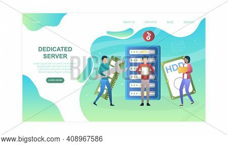 Male And Female Characters Are Carrying Computer Parts To Dedicated Server. Concept Of Dedicated Ser