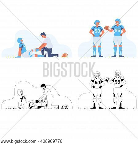 Flat And Black And White Illustration American Football On White Background. Flat Illustration Fatal