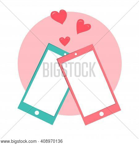 Two Cartoon Smartphones With Loving Hearts On A White Background