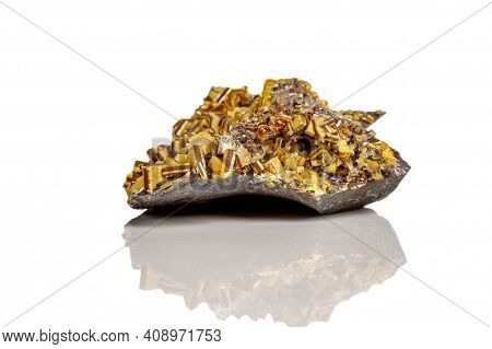 Macro Mineral Stone Yellow Wulfenite On A White Background