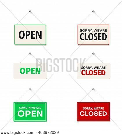 Open, Come In, Sorry We Are Closed Hanging Signs On Door Set In Realistic Style. Store Boards, Plaqu