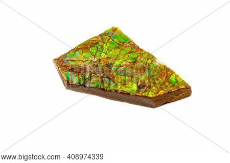 Macro Of The Mineral Stone Ammolite On White Background Close Up