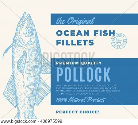 Premium Quality Fish Fillets. Abstract Vector Fish Packaging Design Or Label. Modern Typography And 