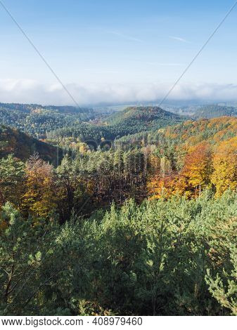 View Of Colorful Vivid Deciduous Beech And Pine Tree Forest And Hills From Viewpoint Called Vyhlidka