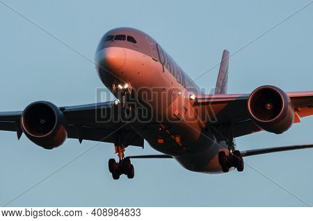 Vienna, Austria - July 7, 2018: Qatar Airways Boeing 787-8 Dreamliner A7-bcd Passenger Plane Arrival