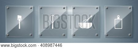Set Cutting Board, Kitchen Whisk And Bowl, And Spatula. Square Glass Panels. Vector
