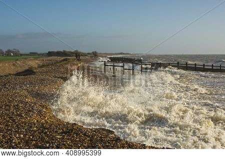 Stormy Weather With Waves On Shingle Beach At Climping Near Littlehampton, West Sussex, England. Sto