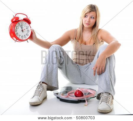 Time For Diet Slimming. Large Girl With Scale.